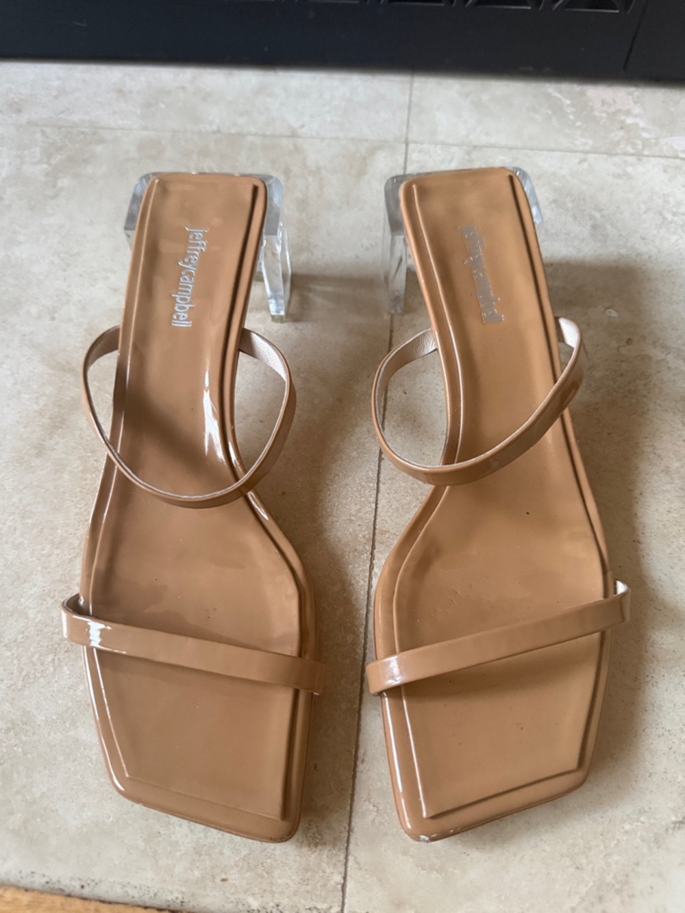 Jeffrey Campbell Nude Patent Strappy Sandals with Clear Block Heel Size 10